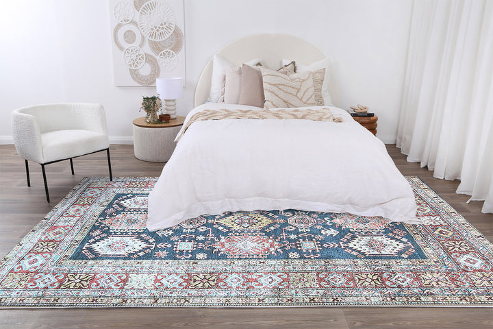 Traditional Machine Washable Blue And Rust Rug