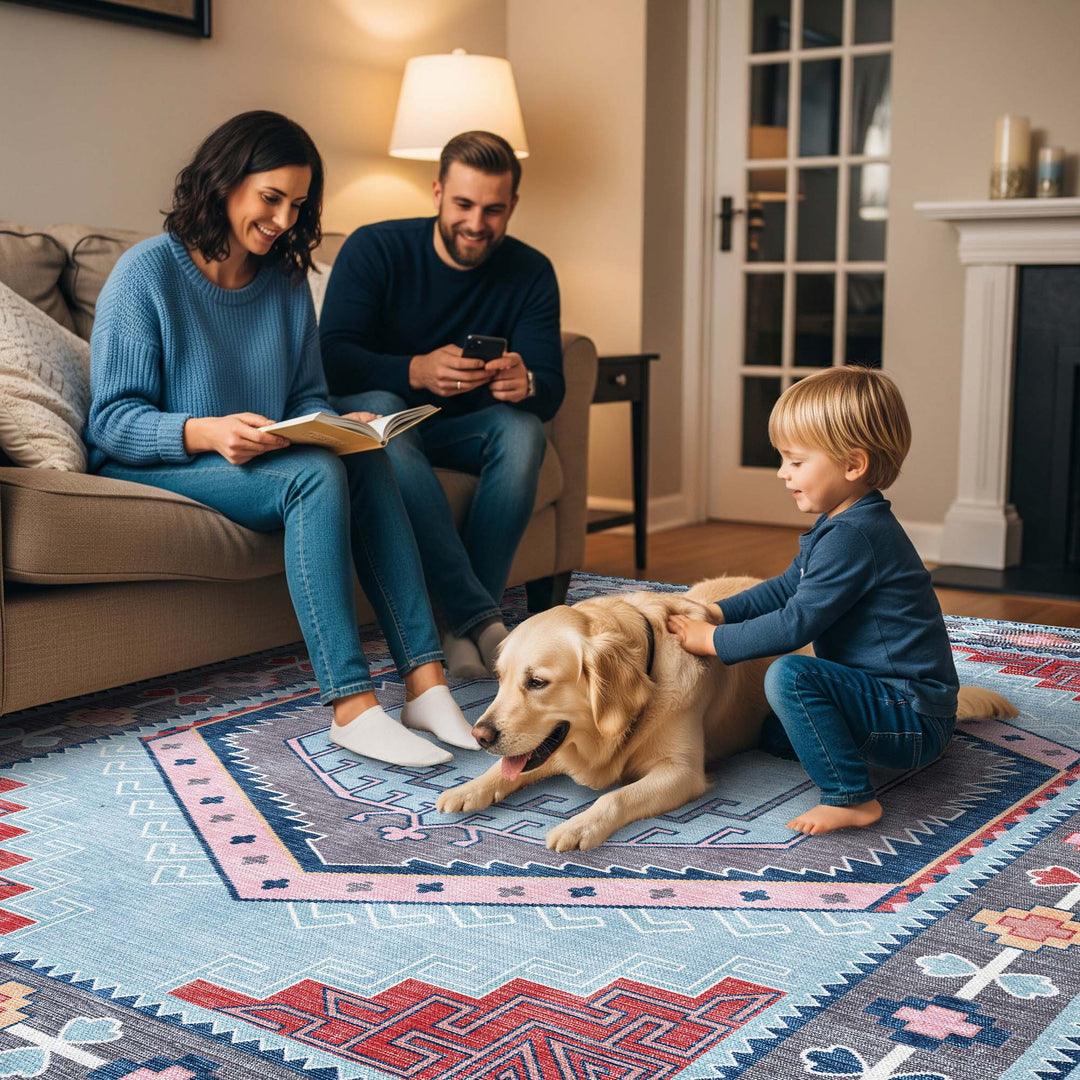 Leena Blue Multicolor Washable Oushak Area Rug