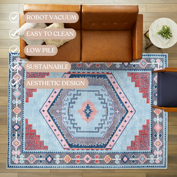 Leena Blue Multicolor Washable Oushak Area Rug