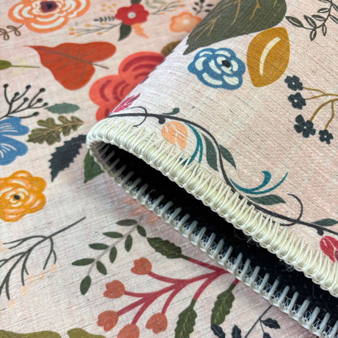 Modern Floral Peach Machine Washable Cotton Area Rug
