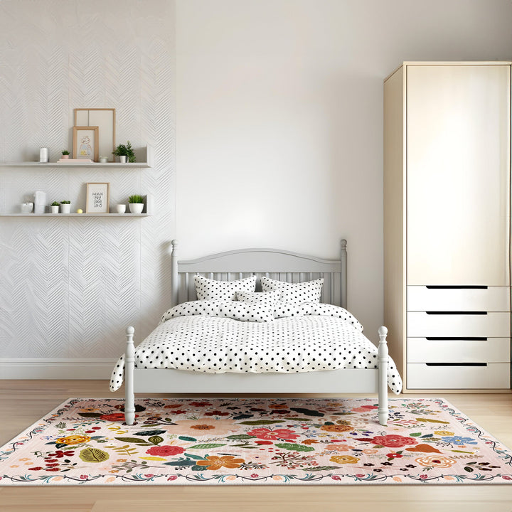 Modern Floral Peach Machine Washable Cotton Area Rug