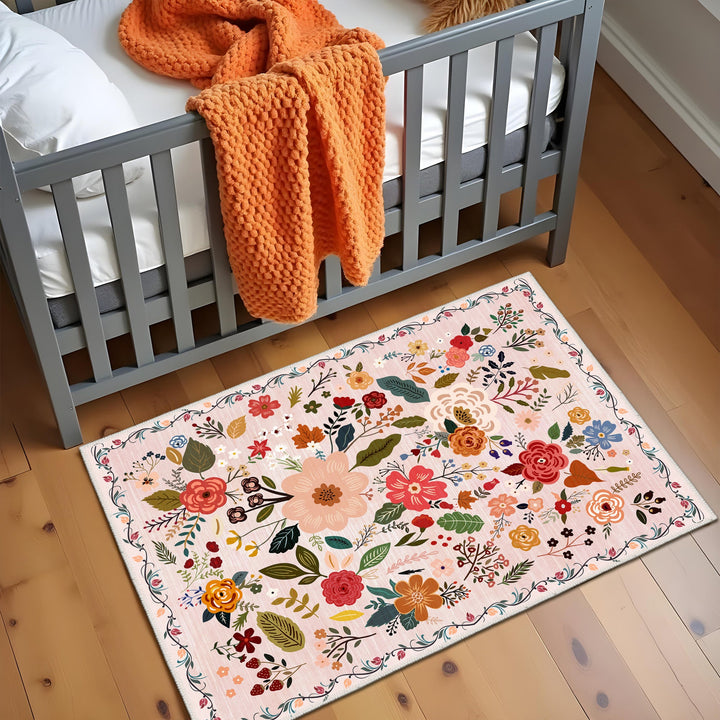 Modern Floral Peach Machine Washable Cotton Area Rug