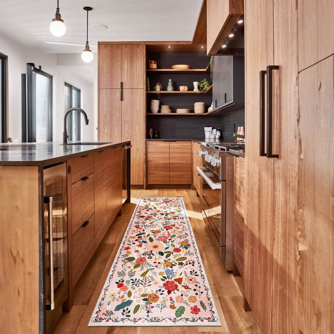 Modern Floral Peach Machine Washable Cotton Area Rug