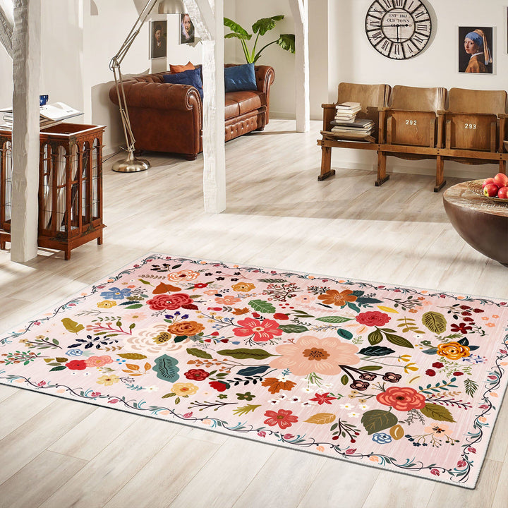 Modern Floral Peach Machine Washable Cotton Area Rug