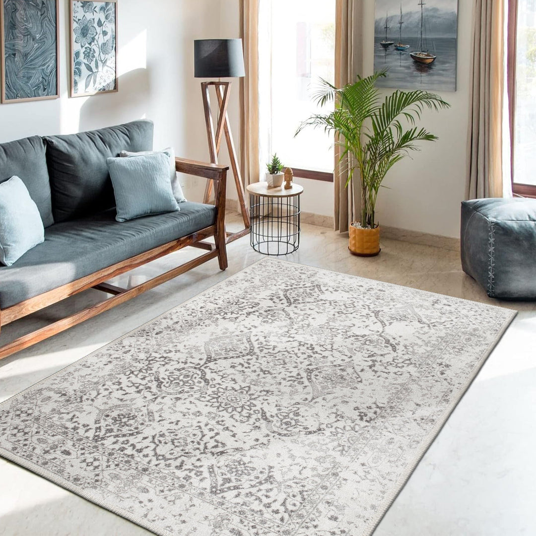 White Transitional Design Machine Washable Cotton Area Rug