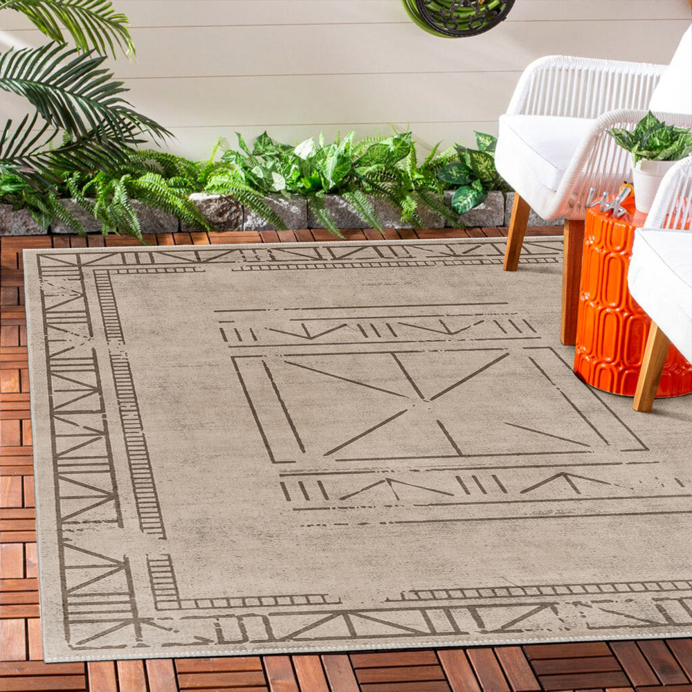 Beige Geometrical Design Machine Washable Cotton Area Rug