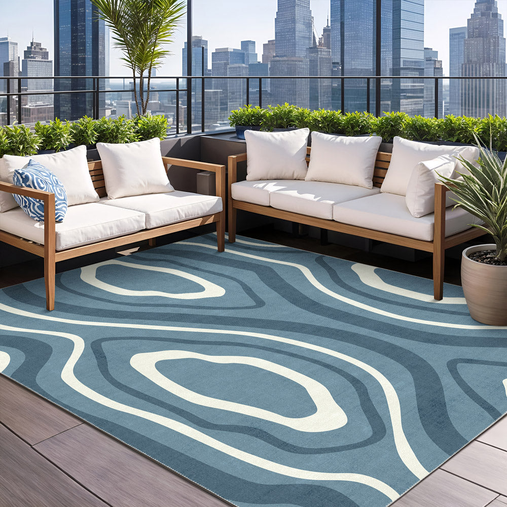 Modern Abstract Blue Machine Washable Cotton Area Rug
