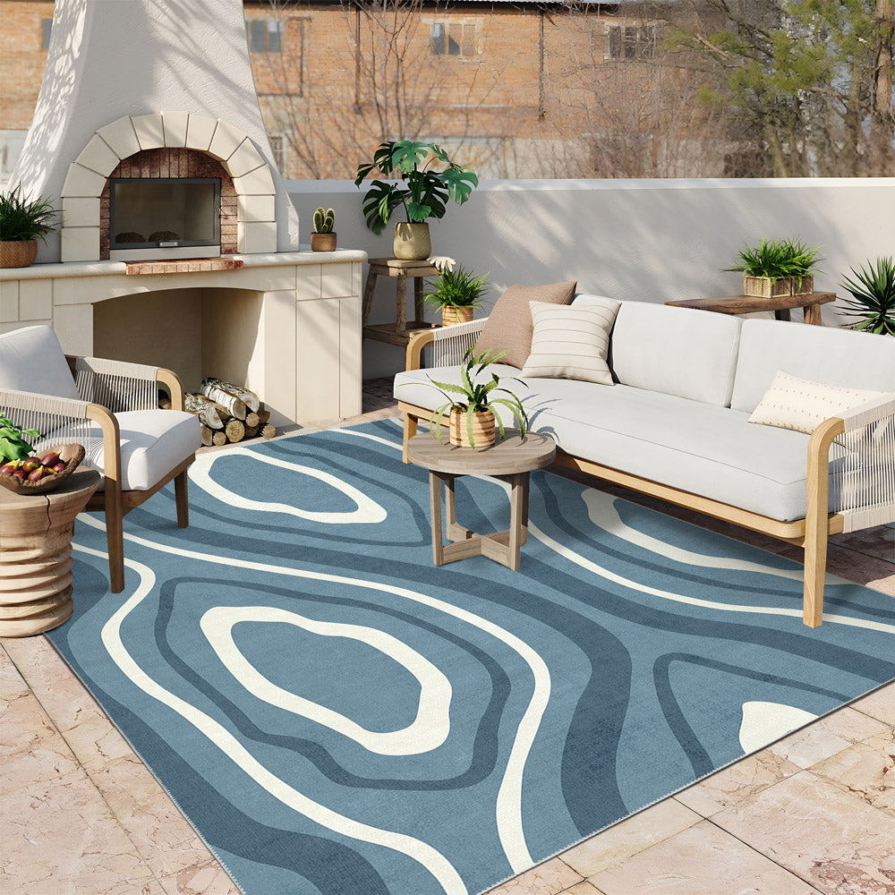 Modern Abstract Blue Machine Washable Cotton Area Rug