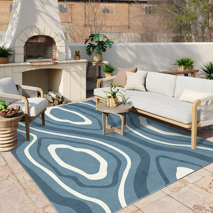 Modern Abstract Blue Machine Washable Cotton Area Rug