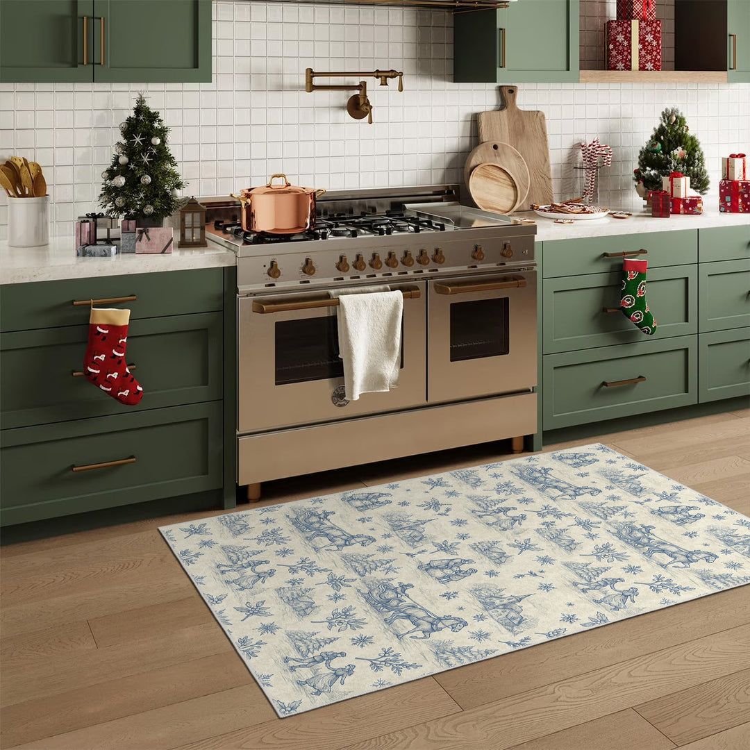 Zavora Christmas Beige Machine Washable Cotton Area Rug