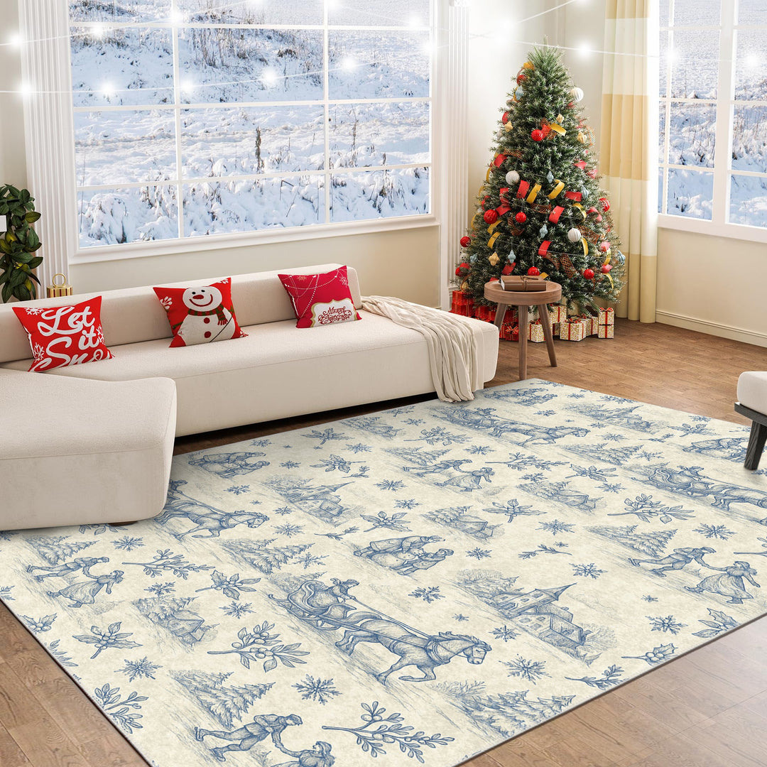 Zavora Christmas Beige Machine Washable Cotton Area Rug