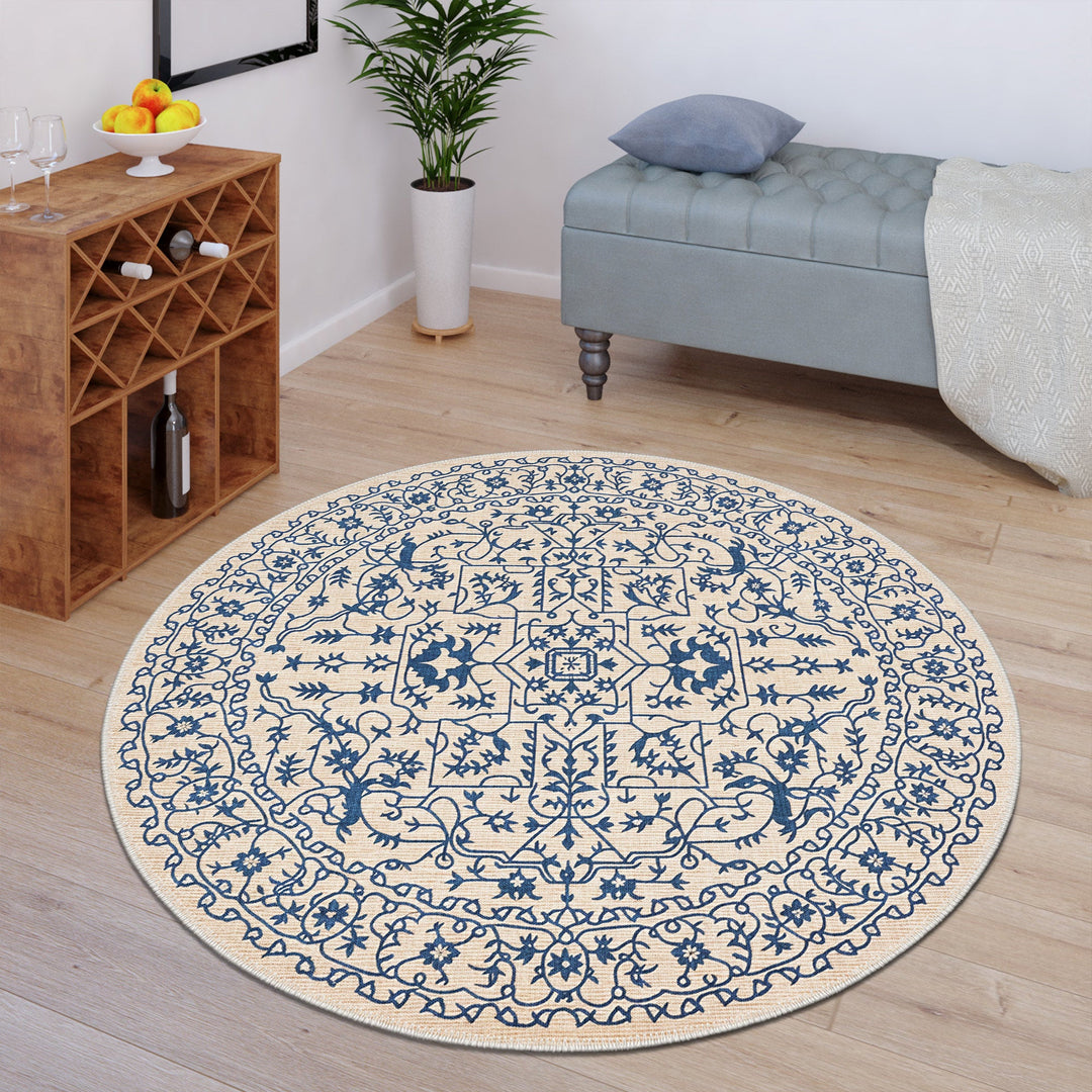 Traditional Blue And Beige Machine Washable Cotton Area Rug