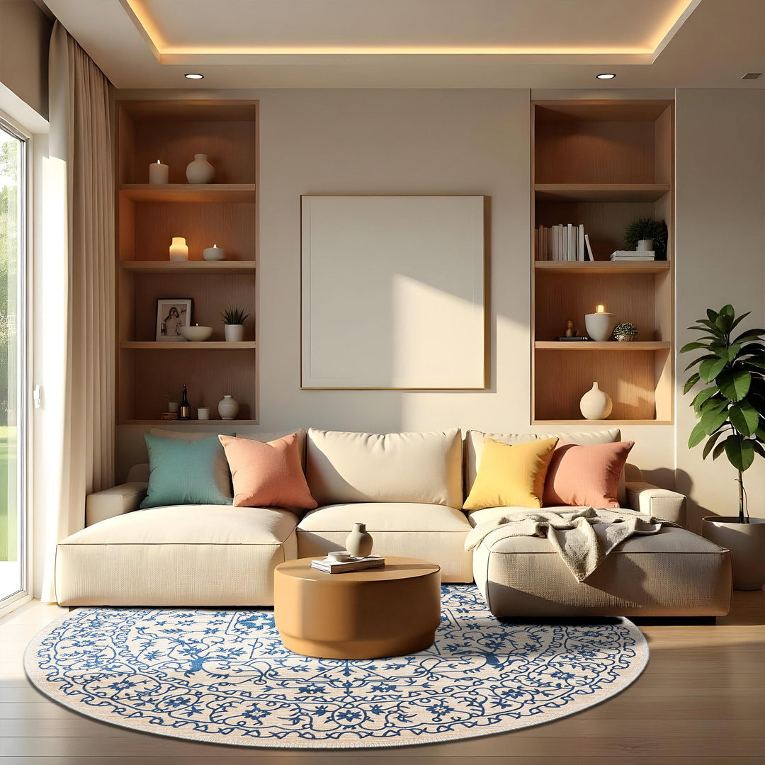 Traditional Blue And Beige Machine Washable Cotton Area Rug