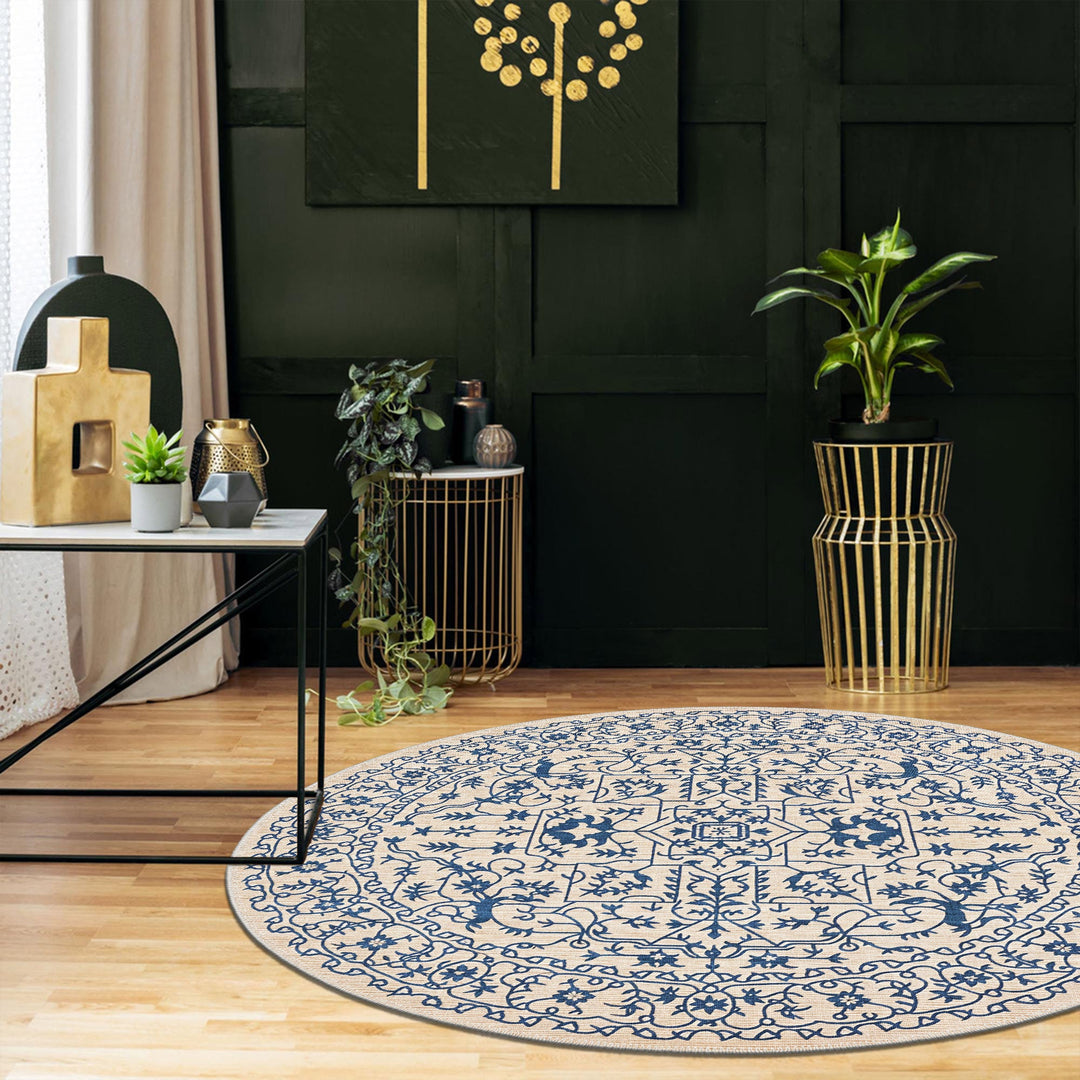 Traditional Blue And Beige Machine Washable Cotton Area Rug