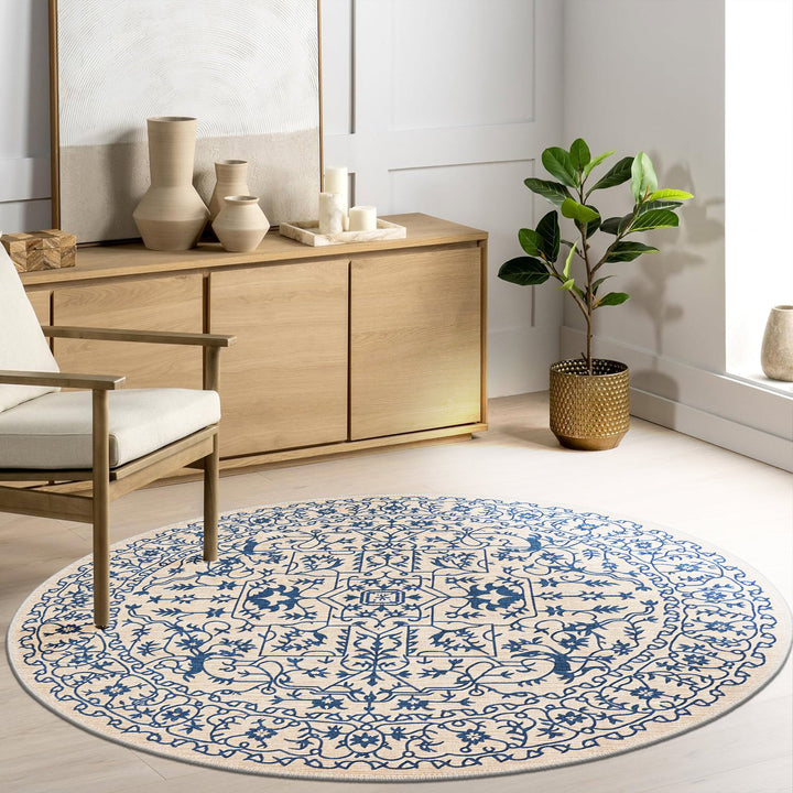 Traditional Blue And Beige Machine Washable Cotton Area Rug