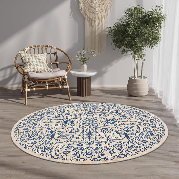 Traditional Blue And Beige Machine Washable Cotton Area Rug