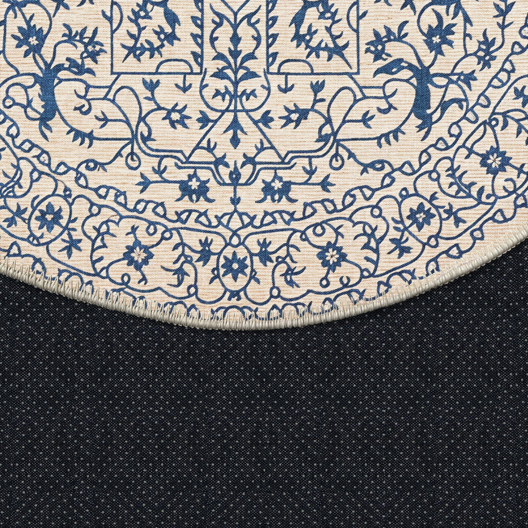 Traditional Blue And Beige Machine Washable Cotton Area Rug