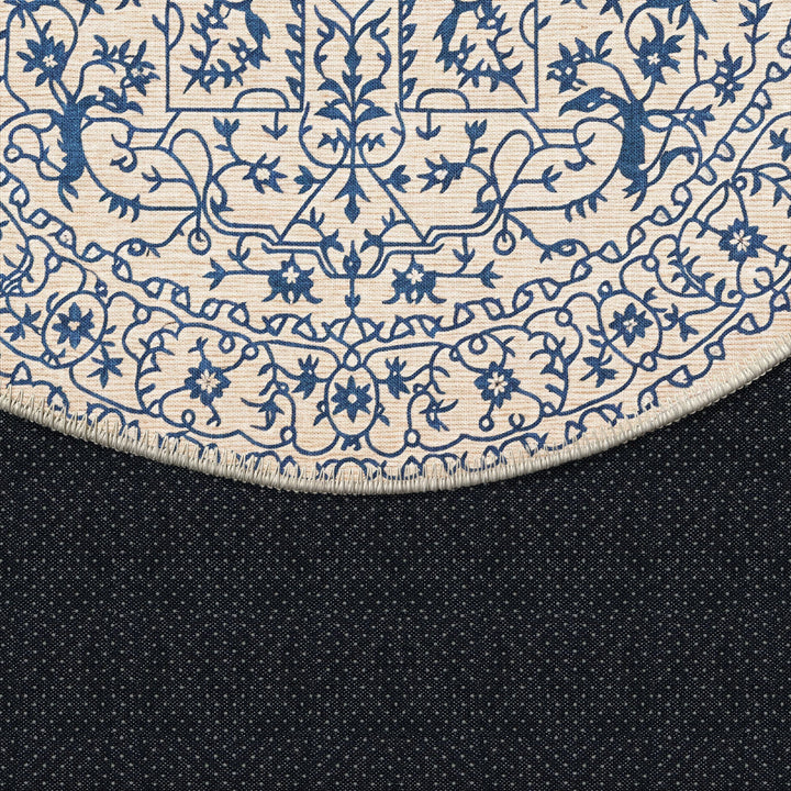 Traditional Blue And Beige Machine Washable Cotton Area Rug