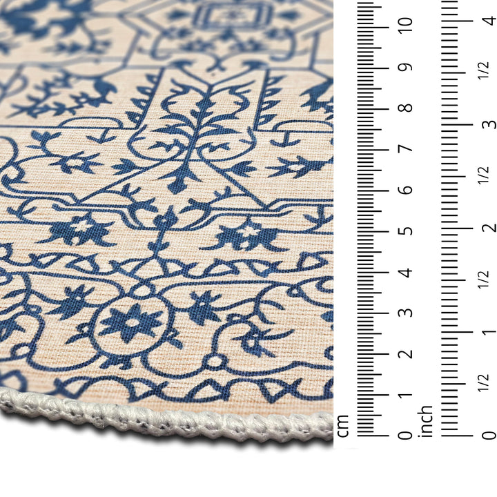 Traditional Blue And Beige Machine Washable Cotton Area Rug