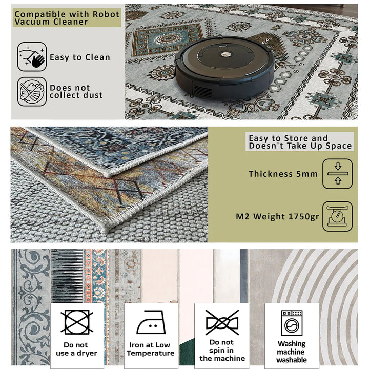 Traditional Blue And Beige Machine Washable Cotton Area Rug