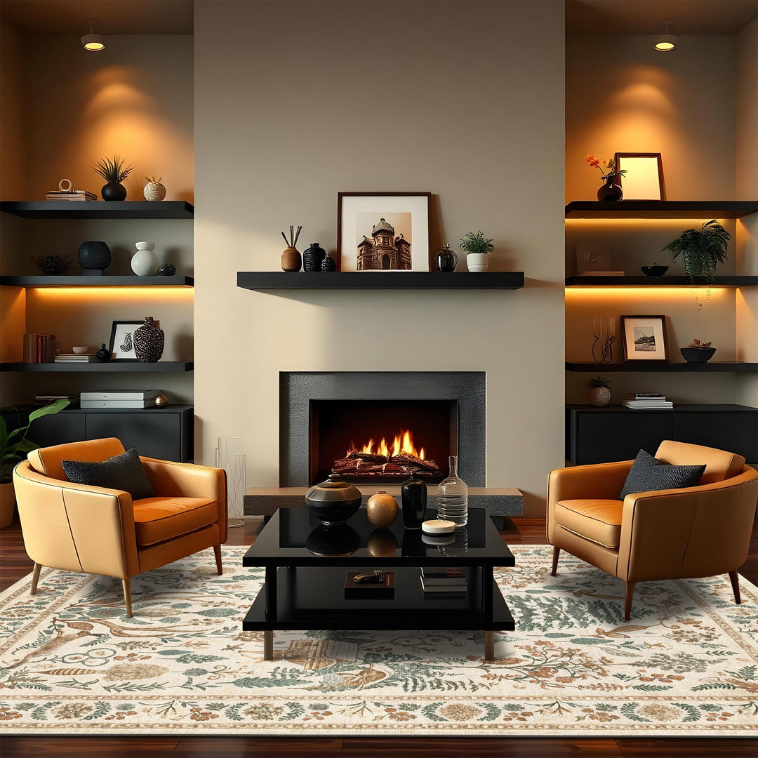 Tree of Life Beige And Green Machine Washable Cotton Area Rug