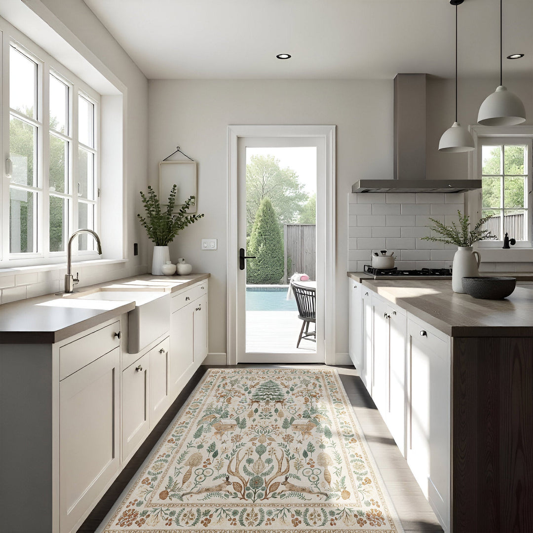 Tree of Life Beige And Green Machine Washable Cotton Area Rug