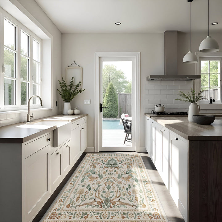 Tree of Life Beige And Green Machine Washable Cotton Area Rug