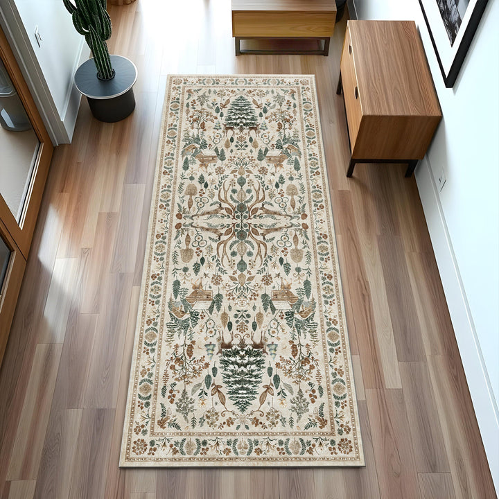 Tree of Life Beige And Green Machine Washable Cotton Area Rug