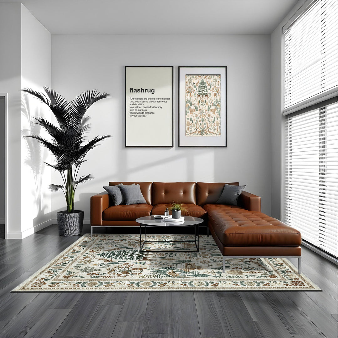 Tree of Life Beige And Green Machine Washable Cotton Area Rug