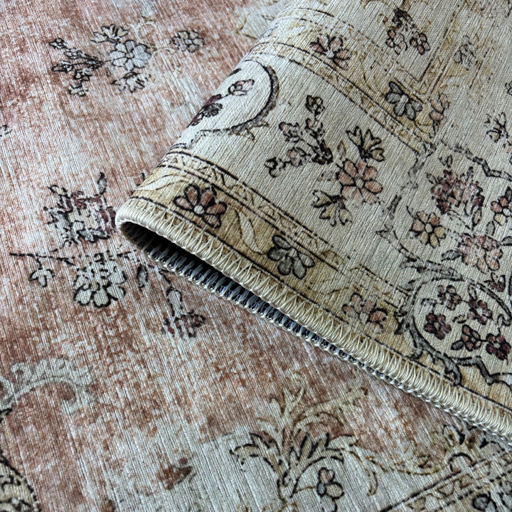 Peach And Beige Traditional Floral Machine Washable Area Rug