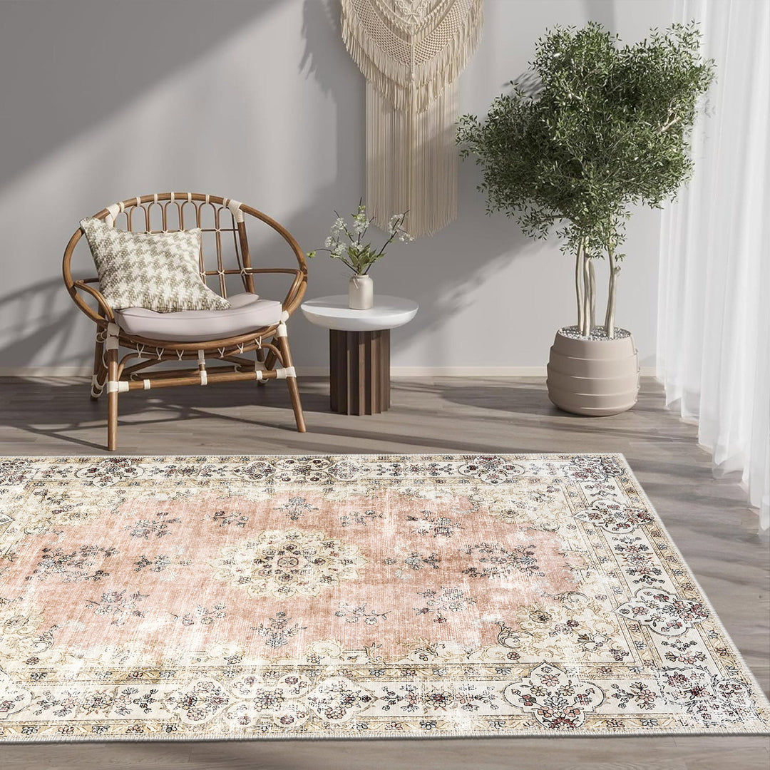 Peach And Beige Traditional Floral Machine Washable Area Rug