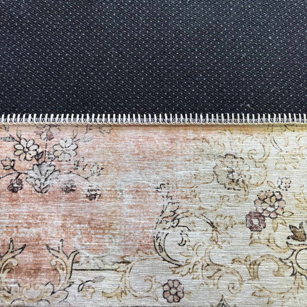 Peach And Beige Traditional Floral Machine Washable Area Rug