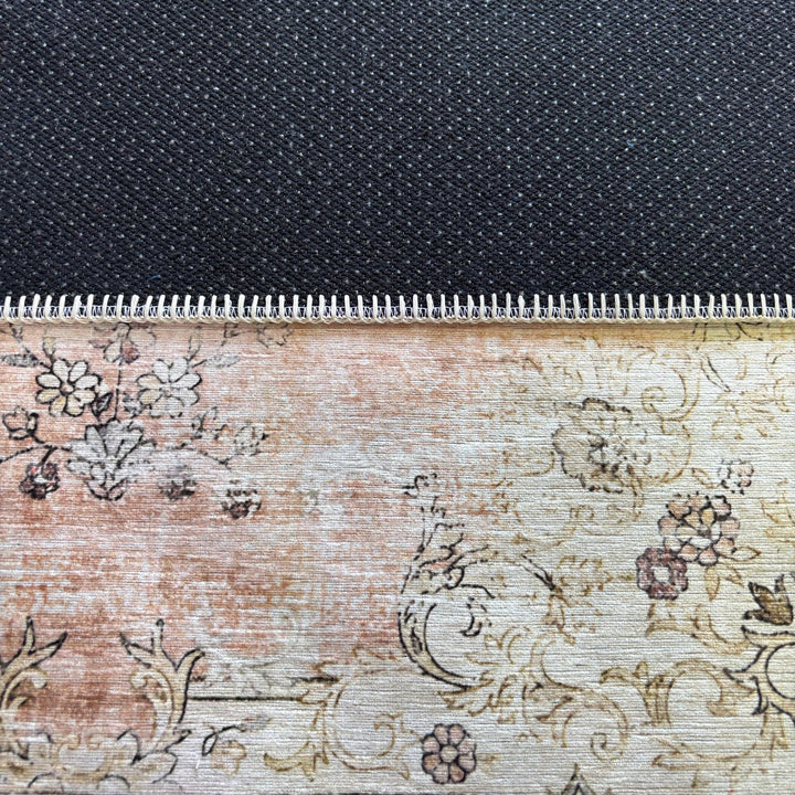 Peach And Beige Traditional Floral Machine Washable Area Rug