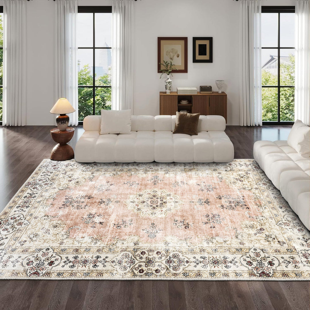Peach And Beige Traditional Floral Machine Washable Area Rug