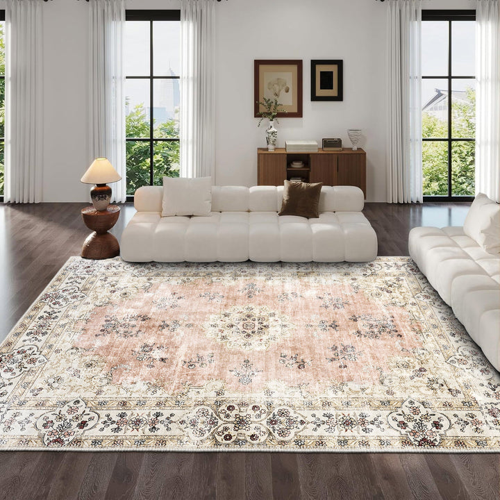 Peach And Beige Traditional Floral Machine Washable Area Rug