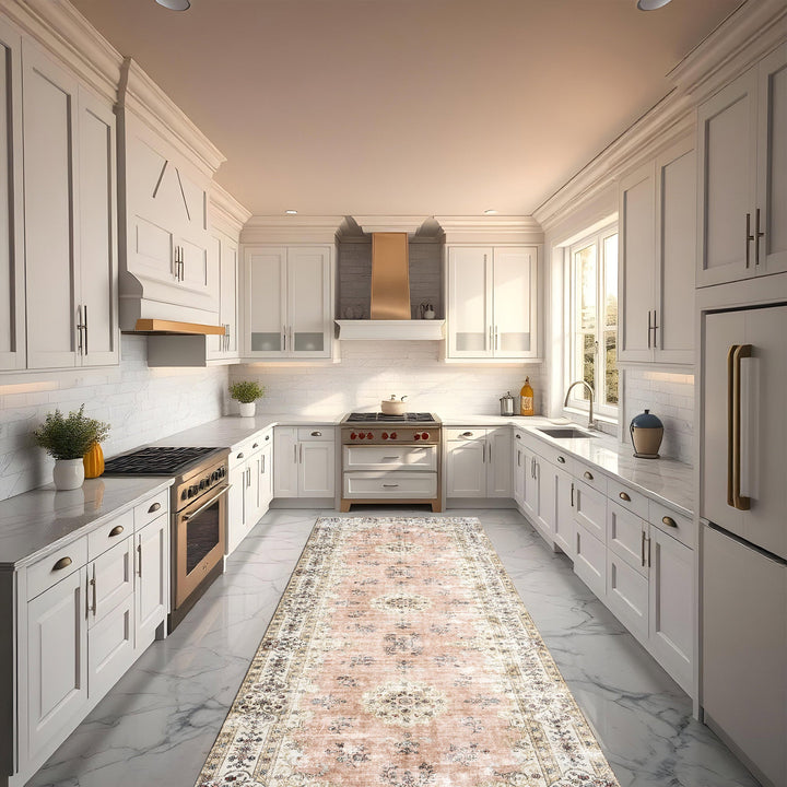 Peach And Beige Traditional Floral Machine Washable Area Rug
