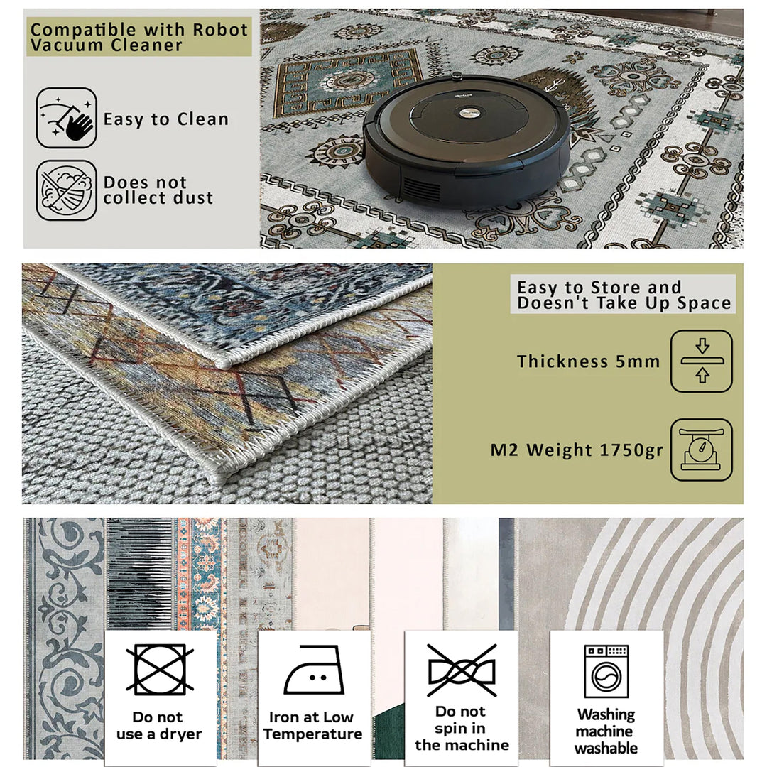 Peach And Beige Traditional Floral Machine Washable Area Rug