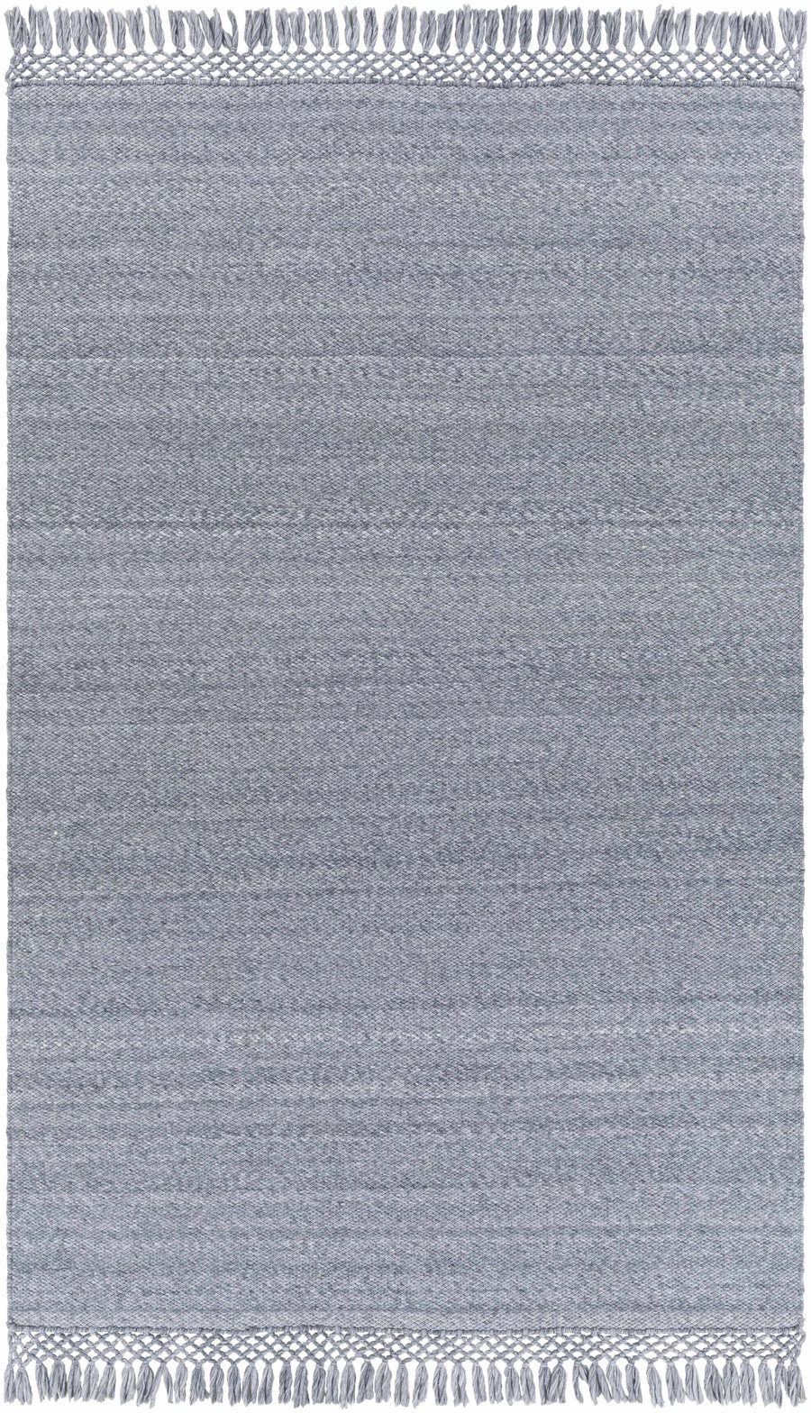 Gray hand-woven rectangular area rug with short fringed border