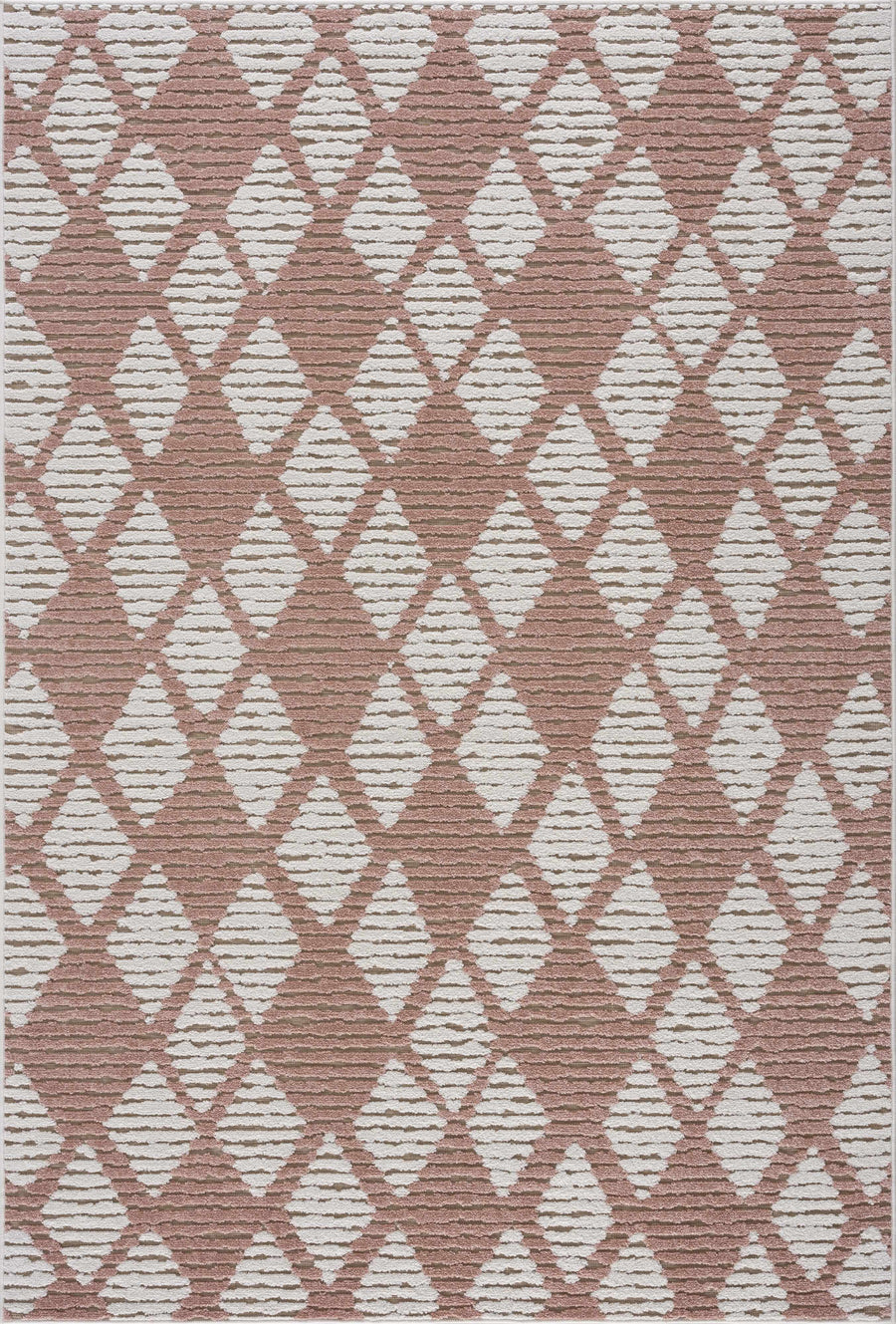 Pink and ivory area rug with geometric lattice pattern and textured flat-woven look