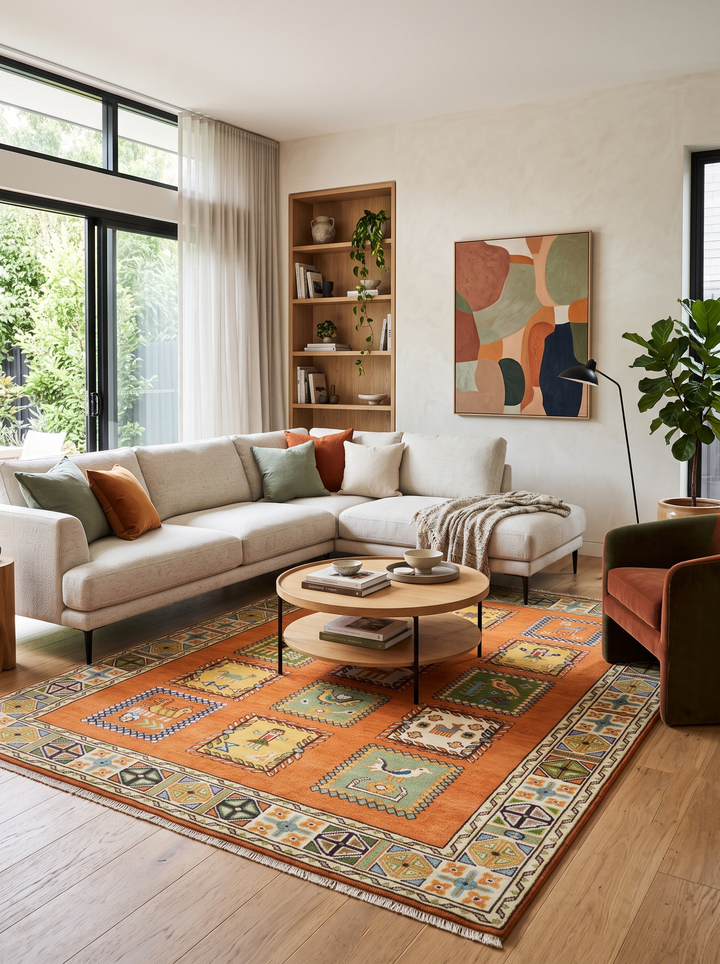 Tribal Gabbeh Rust, Ivory, Green and Beige Hand knotted Multi Size Antique Look Traditional Wool Area Rug