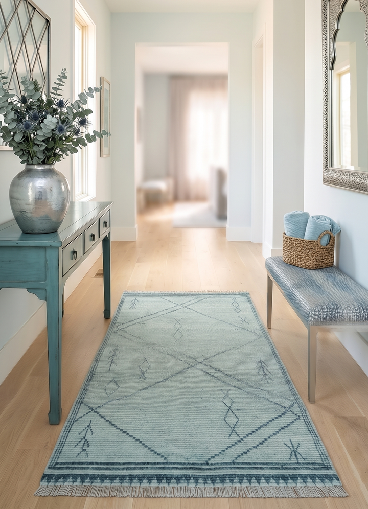Custom Made Hand Woven Blue Abstract Trellis Moroccan Rug Made with Blended Wool