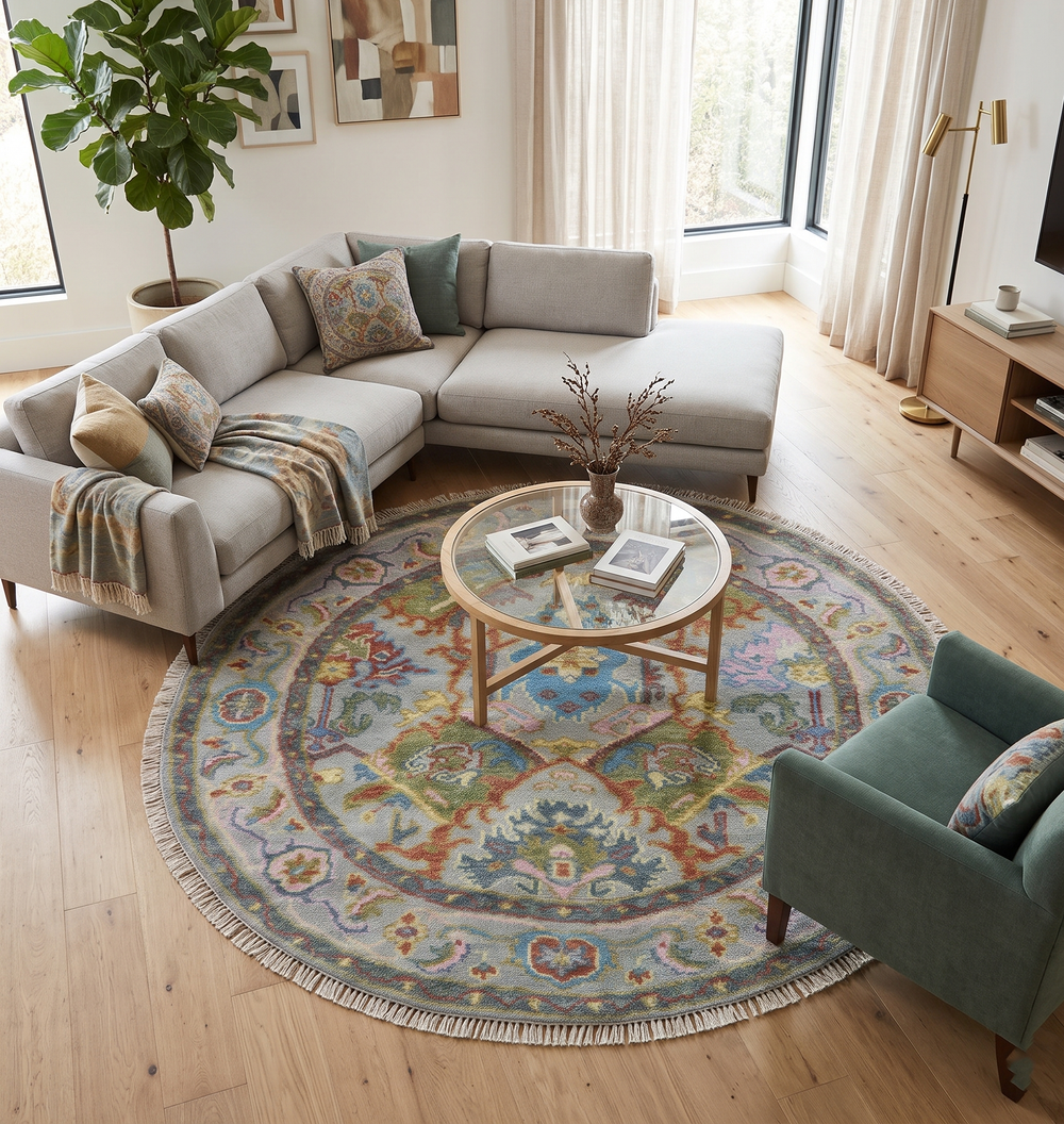 Round multicolor wool rug with ornate medallion design and short fringe edge