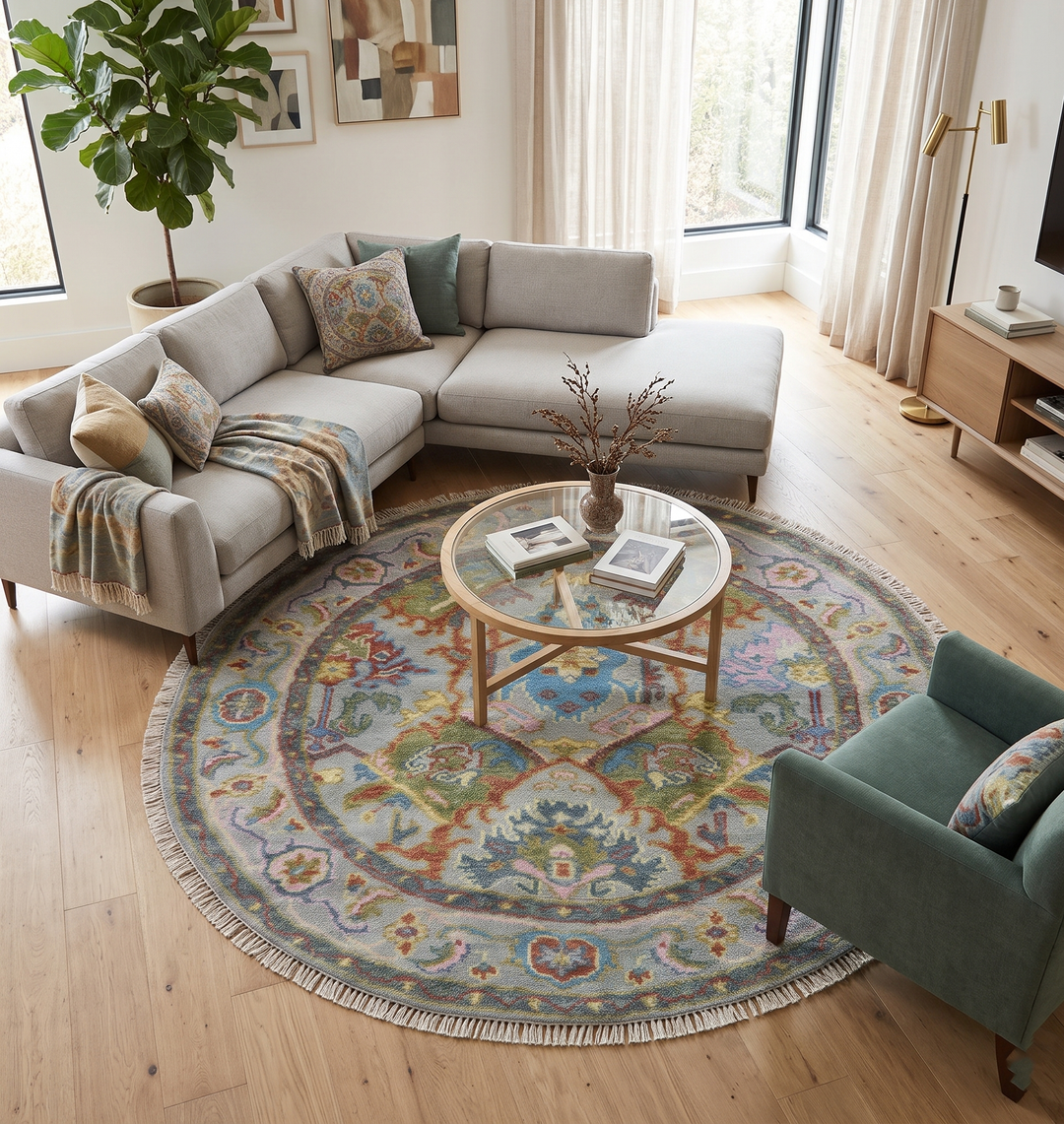 Round multicolor wool rug with ornate medallion design and short fringe edge