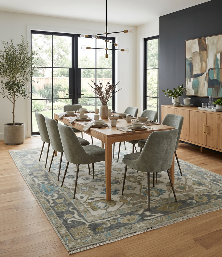 Custom Made Traditional Ivory and Charcoal Hand knotted Oushak Wool Area Rug