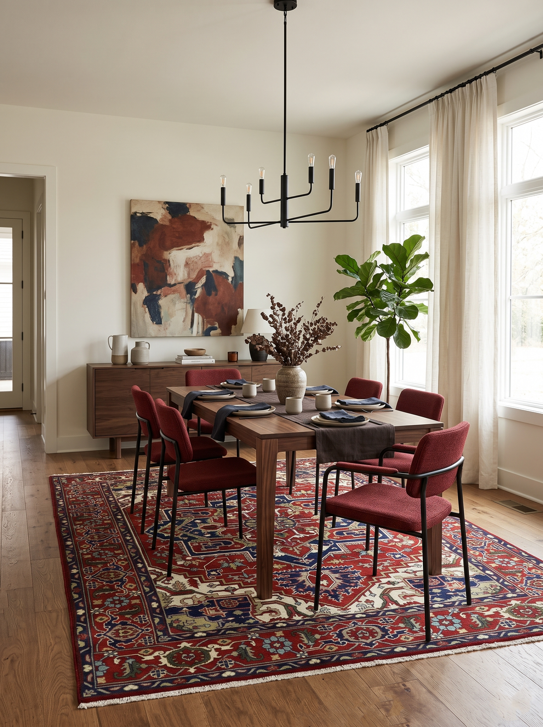 Wool area rug with hand-knotted pattern in brown, ivory, and blue, ornate borders