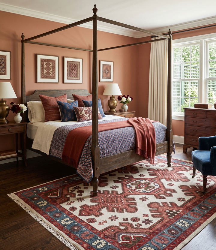 Coral Rust and Ivory Hand Knotted Traditional Heriz Serapi  Wool area Rug