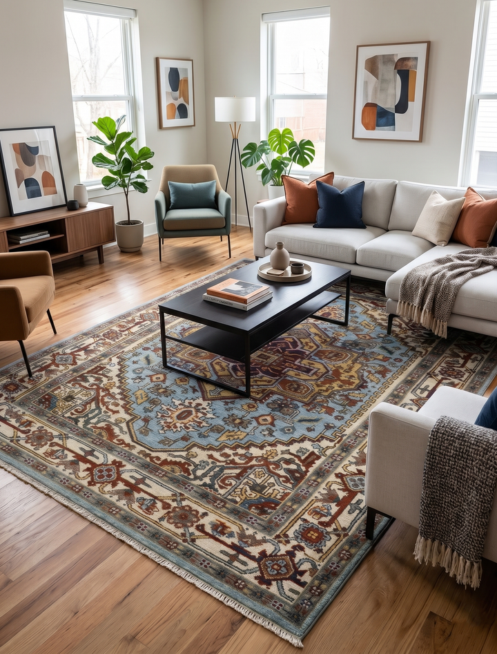 Sera ornate blue and ivory rug styled beneath a coffee table in a living room