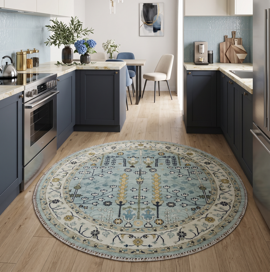 Custom Made Blue And Ivory Tree of life Round Hand Knotted Rug