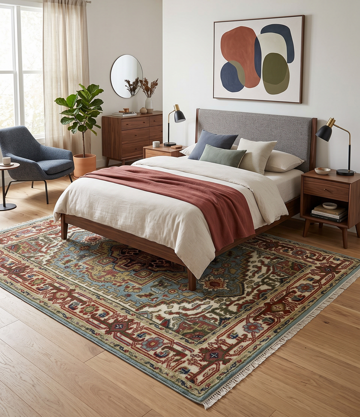 Traditional rug beneath a bed, with multicolor blue, ivory, and rust patterned border