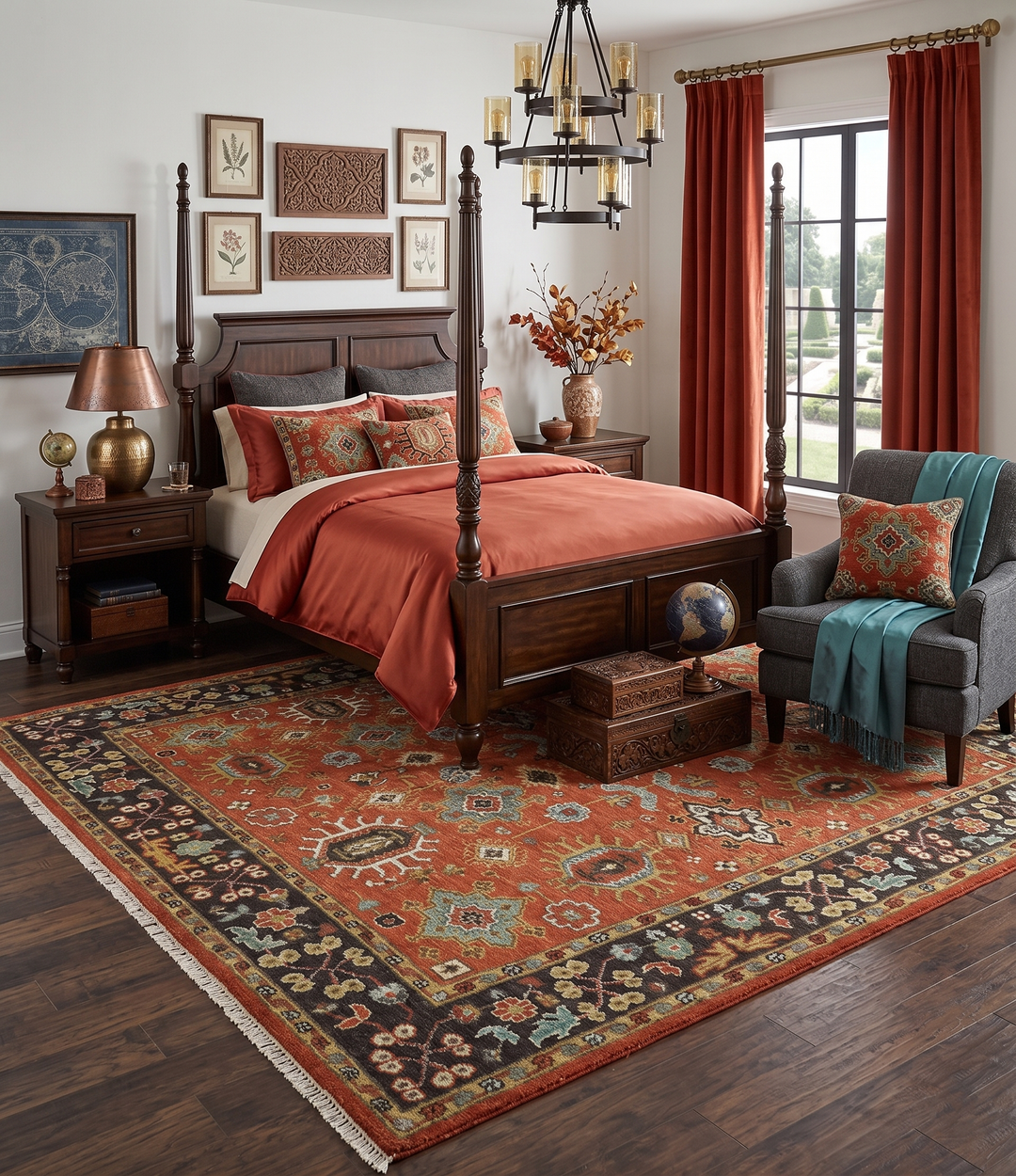 Custom Made Hand Knotted Rust and Black Traditional Wool Rug